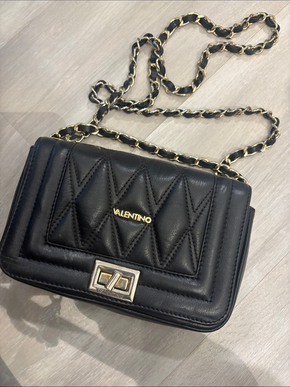 Valentino Black Quilted Leather Crossbody with Gold Chain